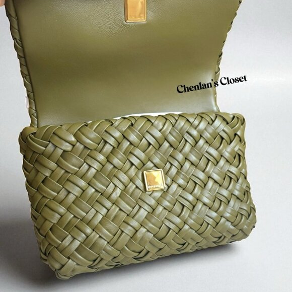 Tory Burch Woven Chain Shoulder Bag Olive Green Leather With Gold Chain NWT - Picture 9 of 13